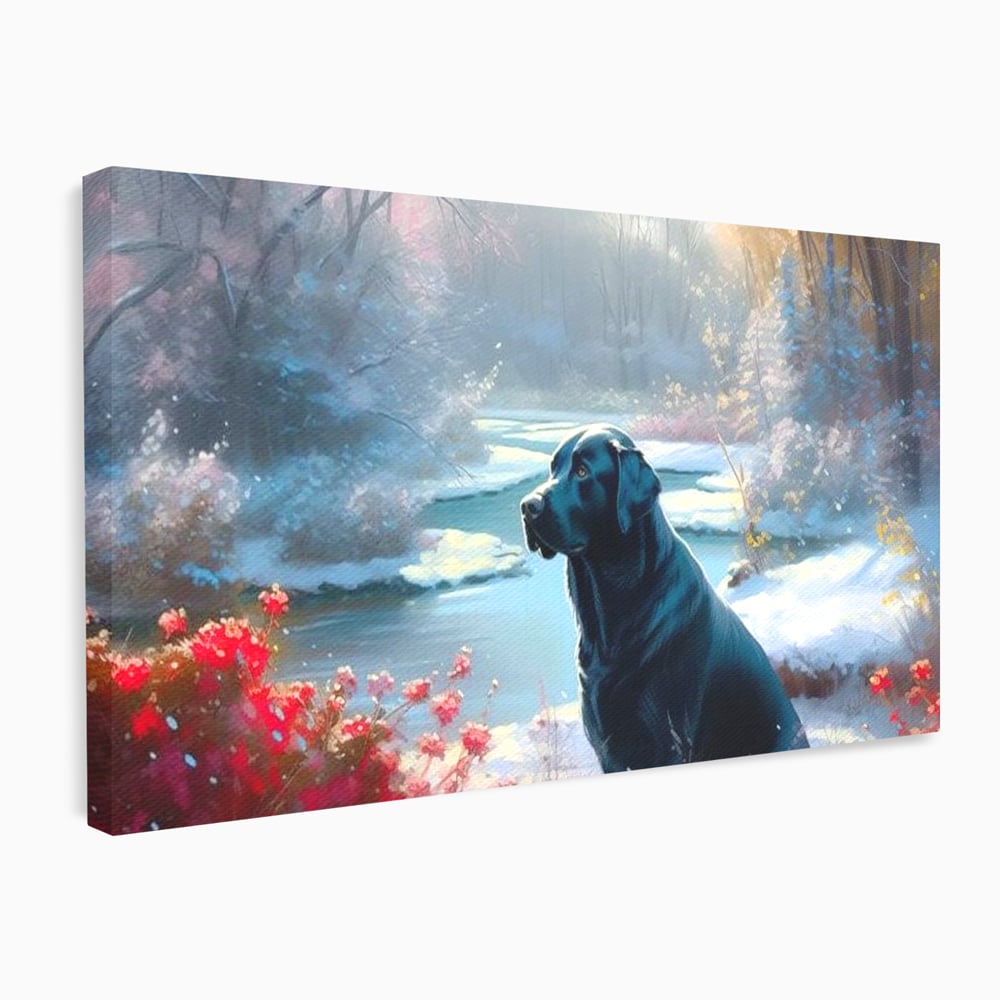 Tablou canvas cu tablou canvas cu labrador negru pe malul unui lac inzapezit, fara rama, pe sasiu de lemn