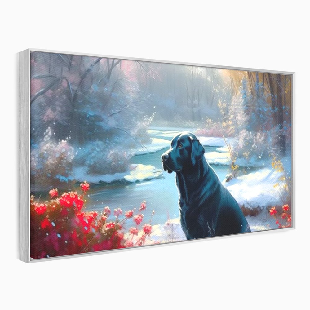 Tablou canvas cu tablou canvas cu labrador negru pe malul unui lac inzapezit, in rama de aluminiu argintiu