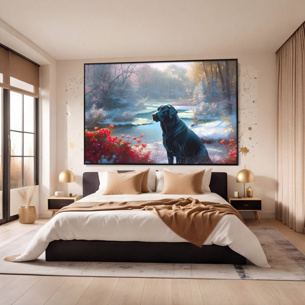 Tablou canvas cu tablou canvas cu labrador negru pe malul unui lac inzapezit, in rama de aluminiu negru, pe perete intr-un dormitor