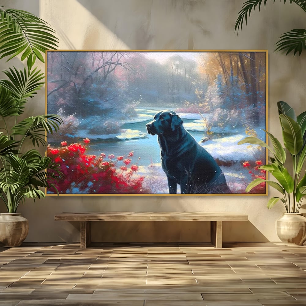 Tablou canvas cu tablou canvas cu labrador negru pe malul unui lac inzapezit, in rama de aluminiu auriu