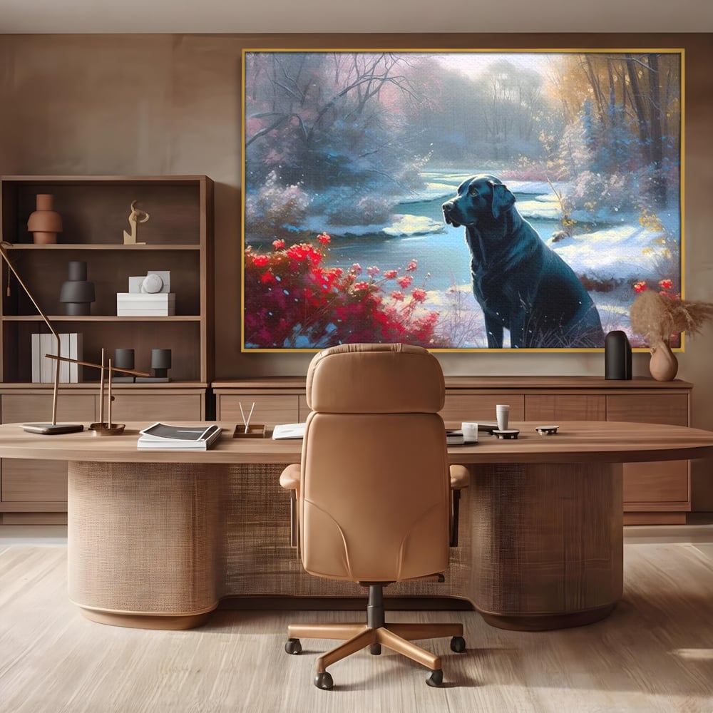 Tablou canvas cu tablou canvas cu labrador negru pe malul unui lac inzapezit, in rama de aluminiu auriu, pe perete intr-un birou