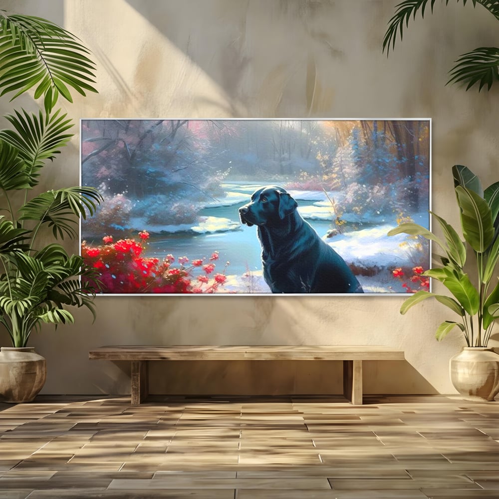 Tablou canvas cu tablou canvas cu labrador negru pe malul unui lac inzapezit, in rama de aluminiu argintiu