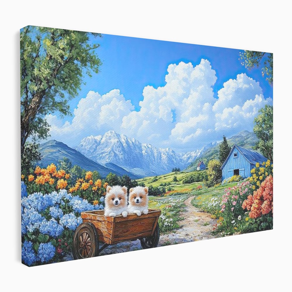 Tablou canvas cu tablou canvas cu catei in caruta si munti, fara rama, pe sasiu de lemn