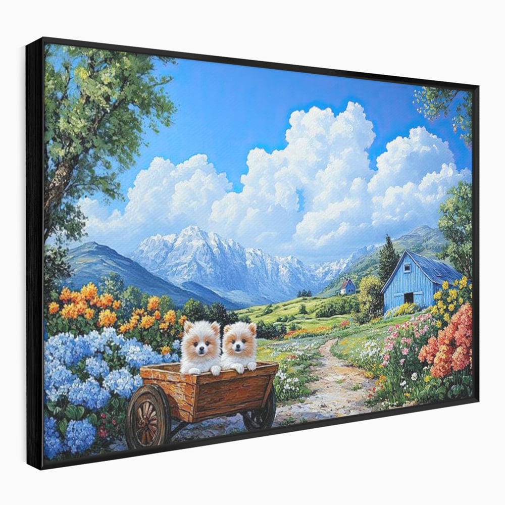 Tablou canvas cu tablou canvas cu catei in caruta si munti, in rama de aluminiu negru