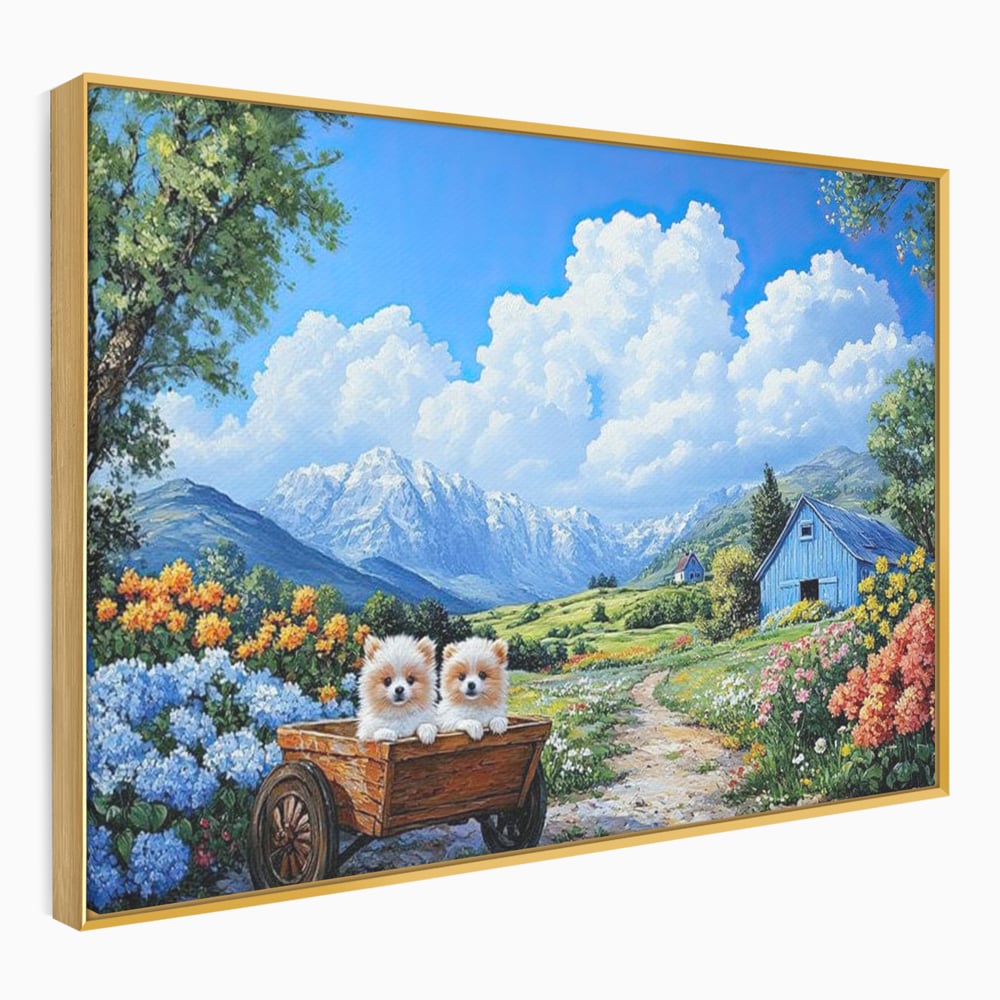 Tablou canvas cu tablou canvas cu catei in caruta si munti, in rama de aluminiu auriu