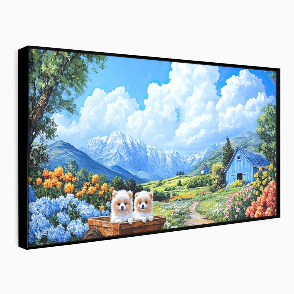 Tablou canvas cu tablou canvas cu catei in caruta si munti, in rama de aluminiu negru