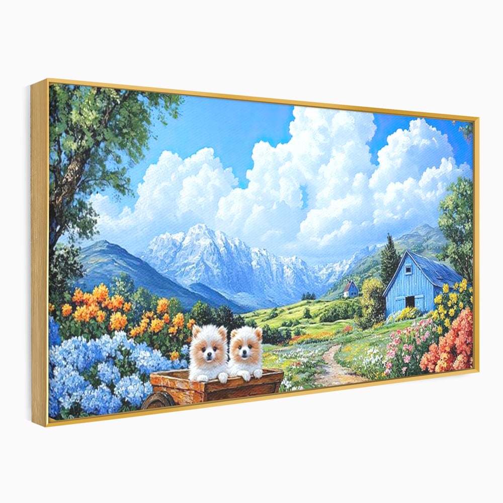 Tablou canvas cu tablou canvas cu catei in caruta si munti, in rama de aluminiu auriu
