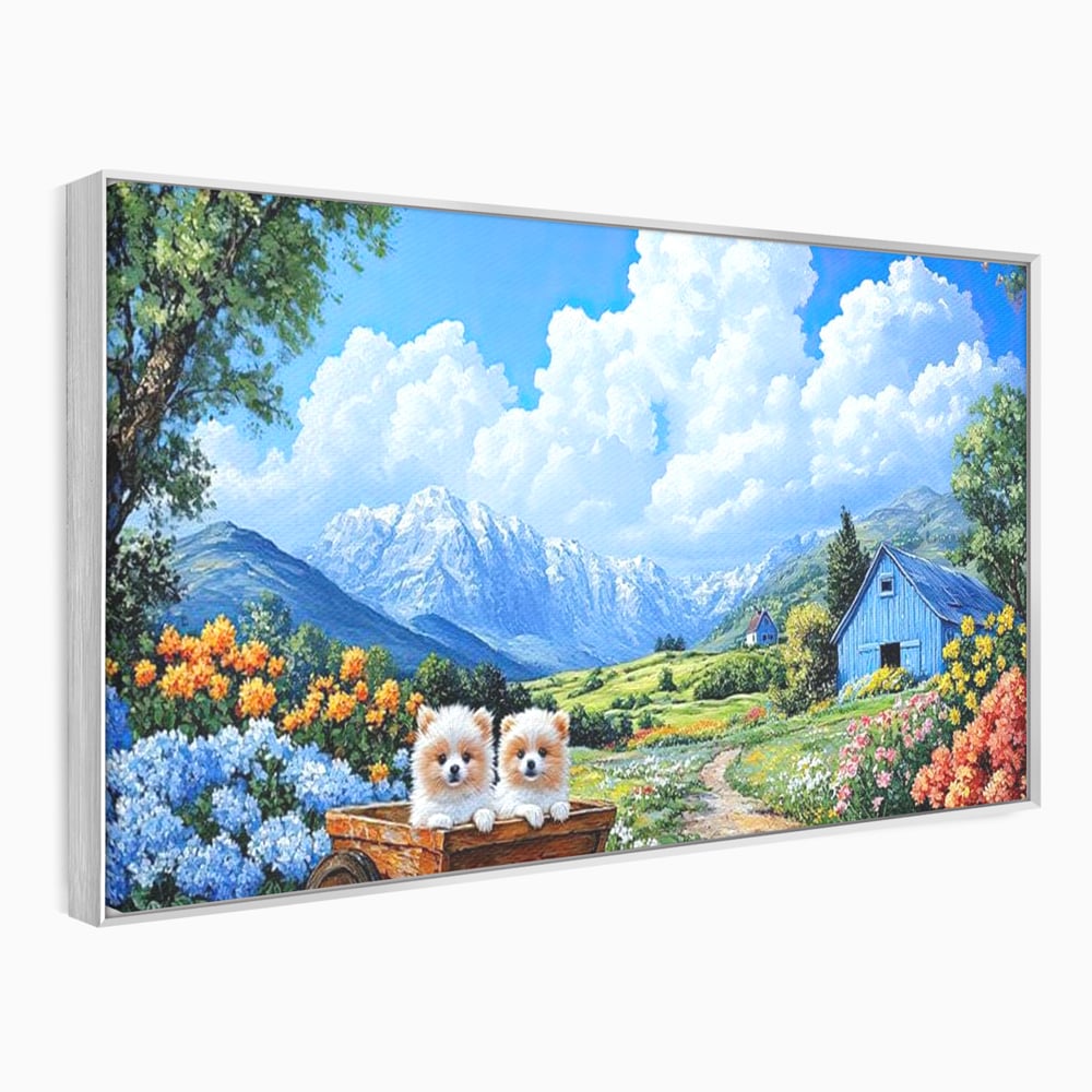 Tablou canvas cu tablou canvas cu catei in caruta si munti, in rama de aluminiu argintiu