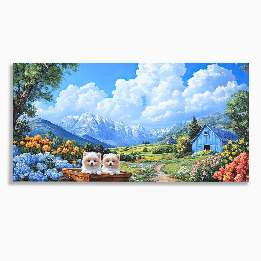 Tablou canvas cu tablou canvas cu catei in caruta si munti, fara rama, pe sasiu de lemn