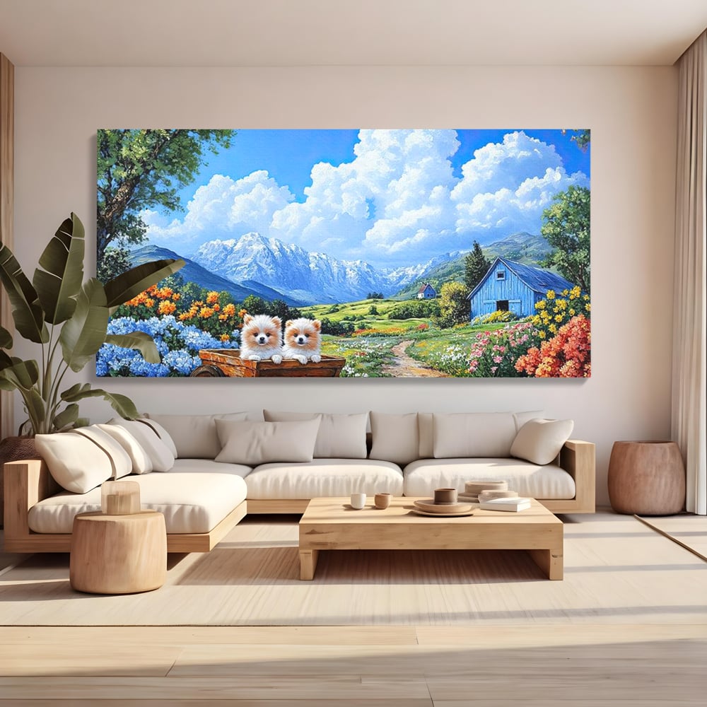 Tablou canvas cu tablou canvas cu catei in caruta si munti, fara rama, pe sasiu de lemn, pe perete intr-un living