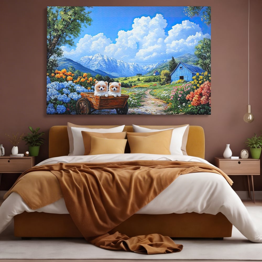 Tablou canvas cu tablou canvas cu catei in caruta si munti, fara rama, pe sasiu de lemn, pe perete intr-un dormitor