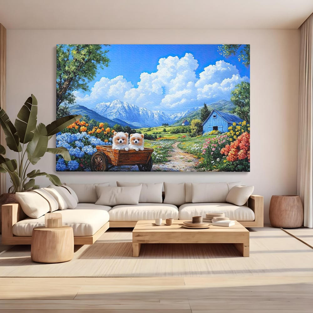 Tablou canvas cu tablou canvas cu catei in caruta si munti, fara rama, pe sasiu de lemn, pe perete intr-un living