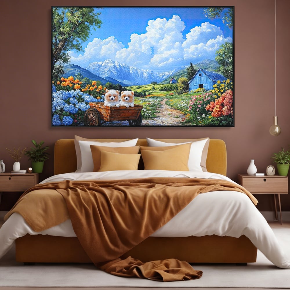 Tablou canvas cu tablou canvas cu catei in caruta si munti, in rama de aluminiu negru, pe perete intr-un dormitor