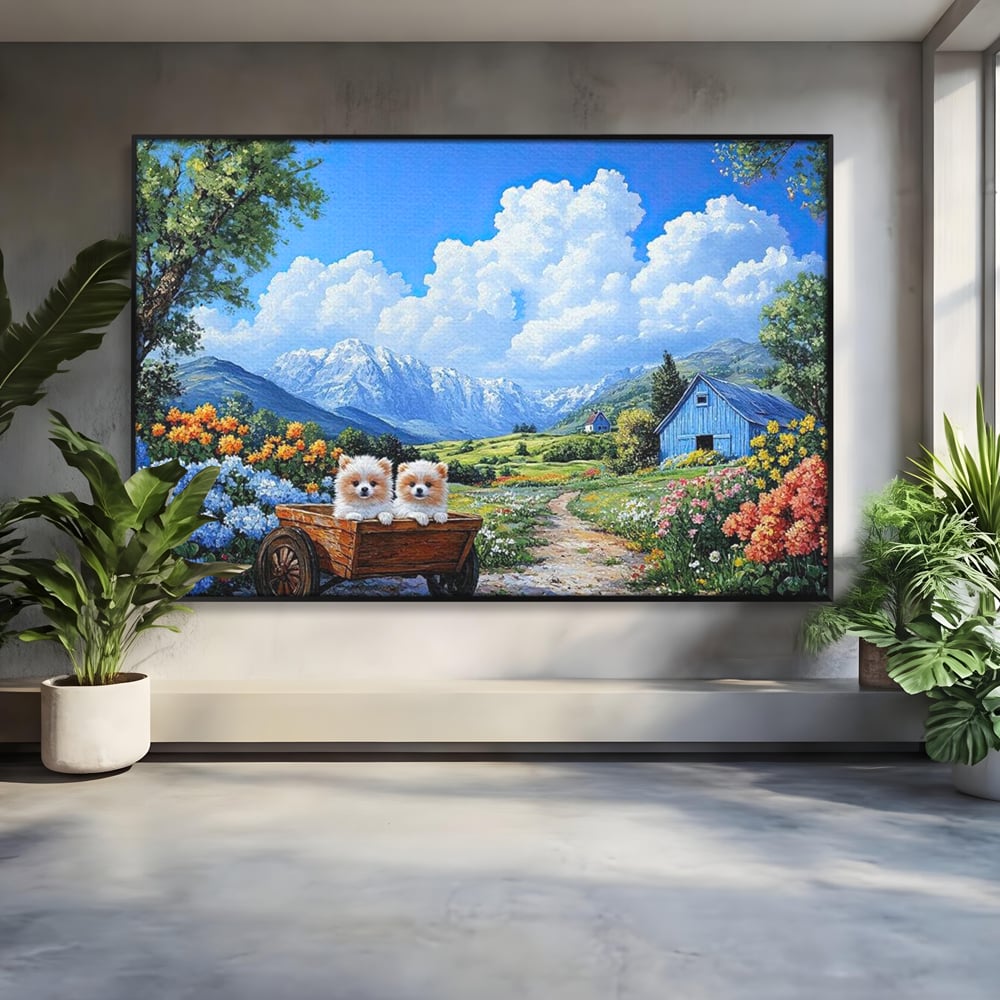 Tablou canvas cu tablou canvas cu catei in caruta si munti, in rama de aluminiu negru