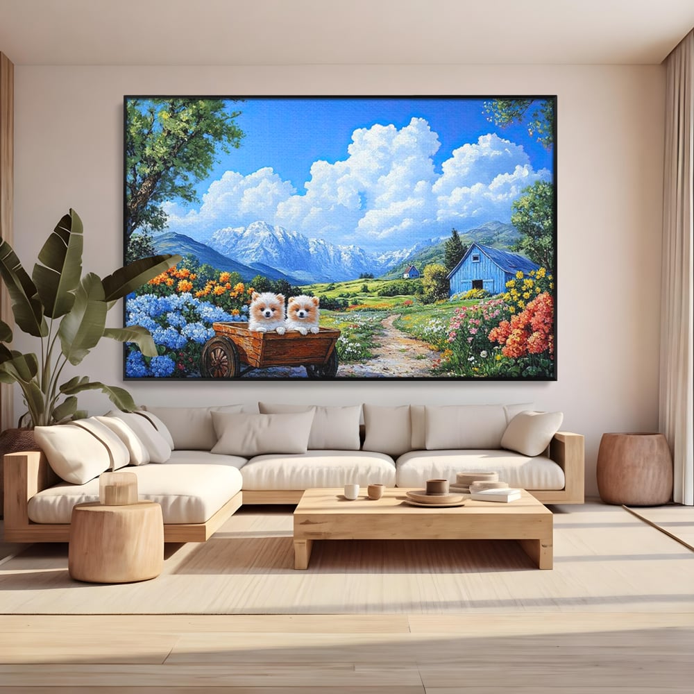 Tablou canvas cu tablou canvas cu catei in caruta si munti, in rama de aluminiu negru, pe perete intr-un living