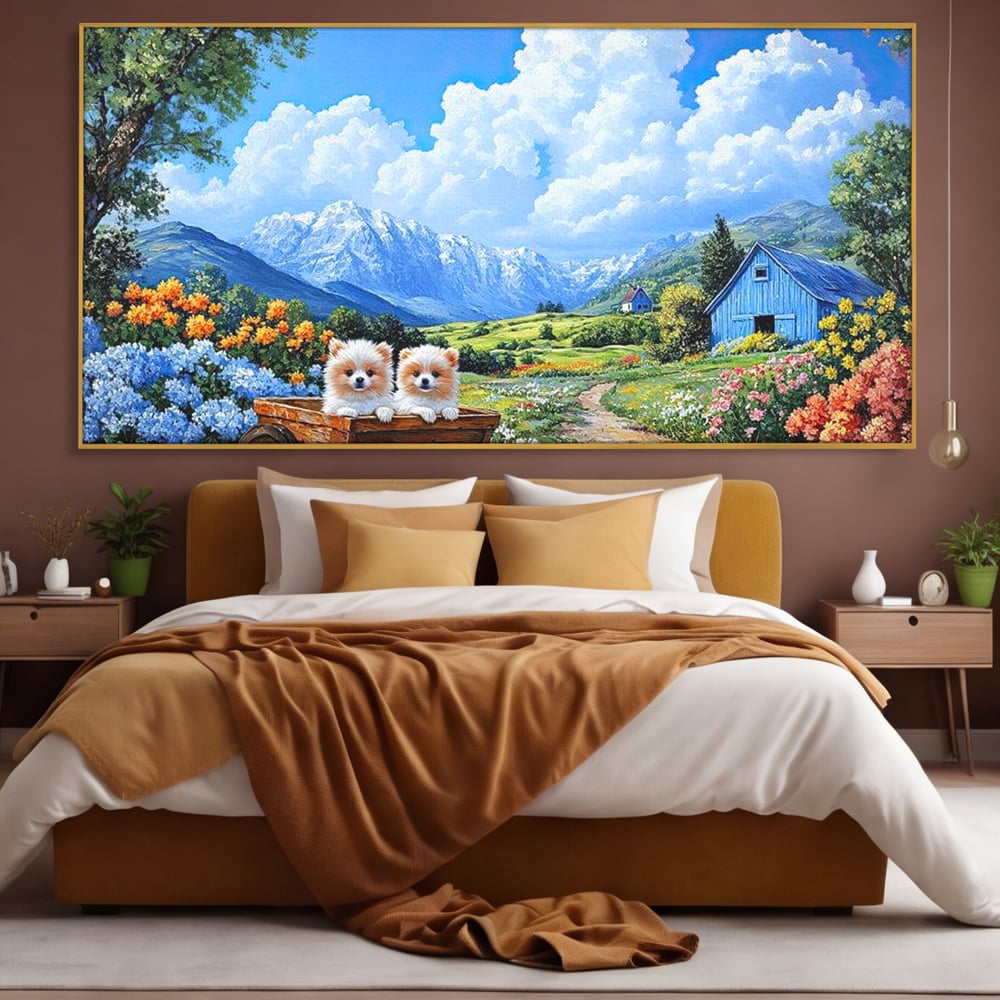 Tablou canvas cu tablou canvas cu catei in caruta si munti, in rama de aluminiu auriu, pe perete intr-un dormitor