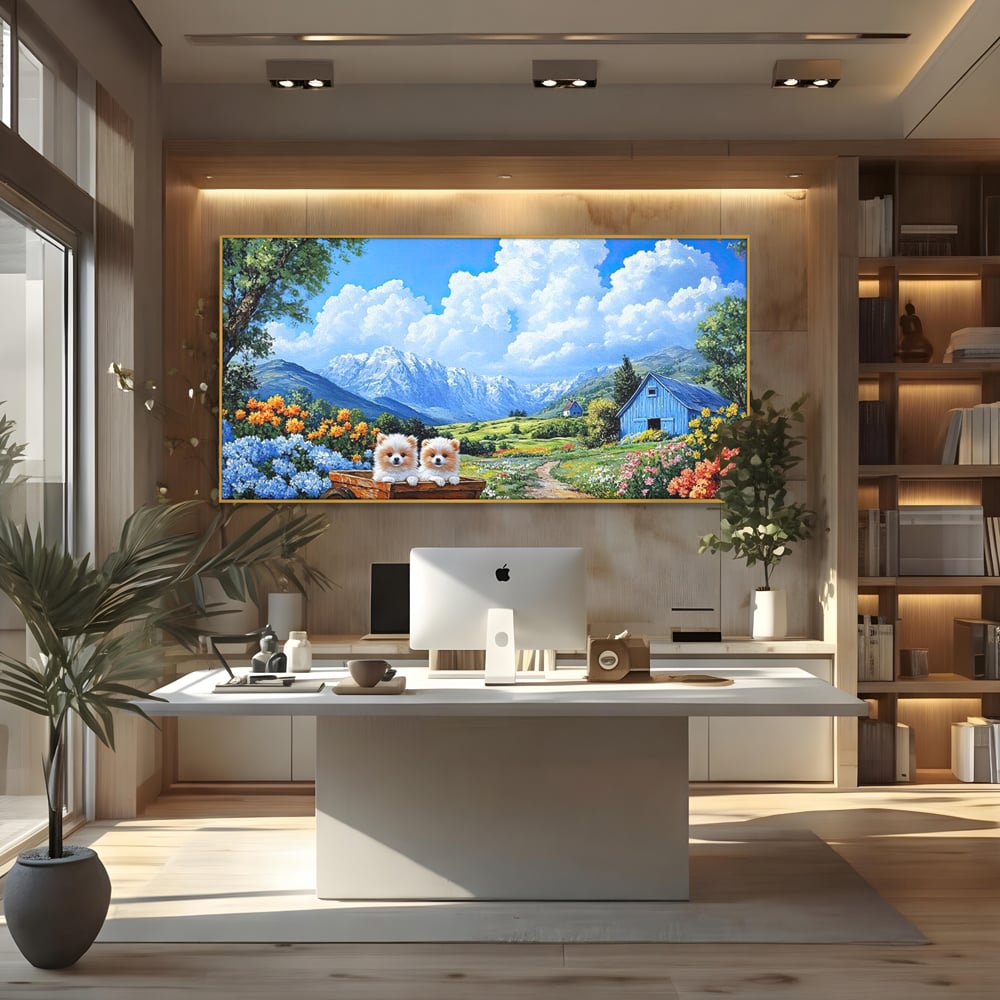 Tablou canvas cu tablou canvas cu catei in caruta si munti, in rama de aluminiu auriu, pe perete intr-un birou