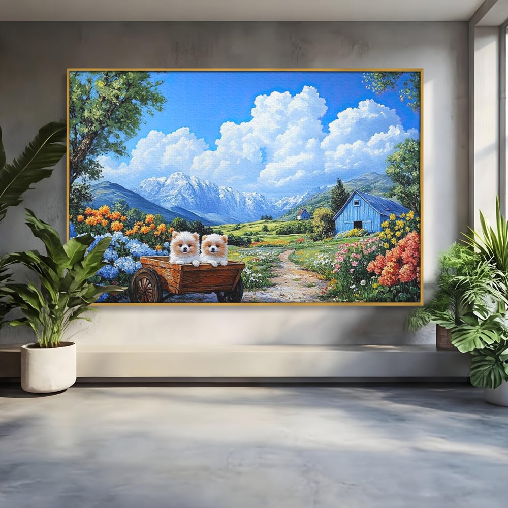 Tablou canvas cu tablou canvas cu catei in caruta si munti, in rama de aluminiu auriu
