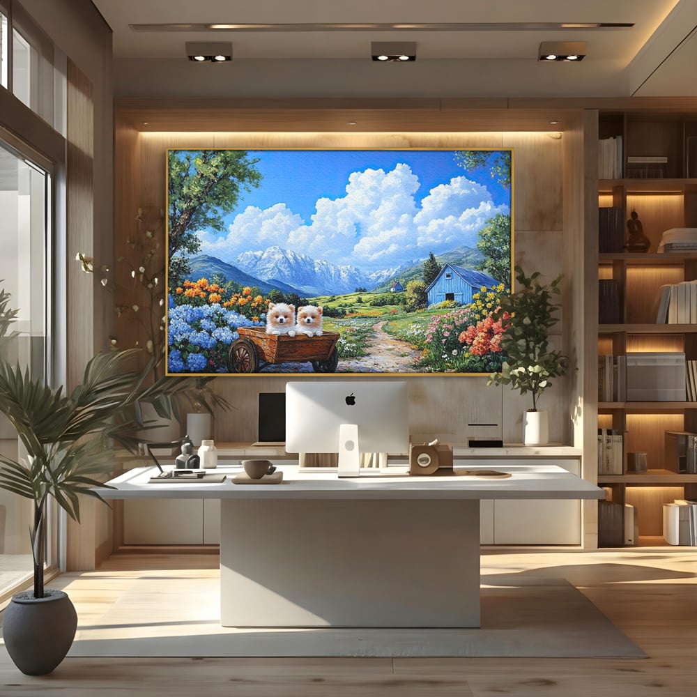Tablou canvas cu tablou canvas cu catei in caruta si munti, in rama de aluminiu auriu, pe perete intr-un birou