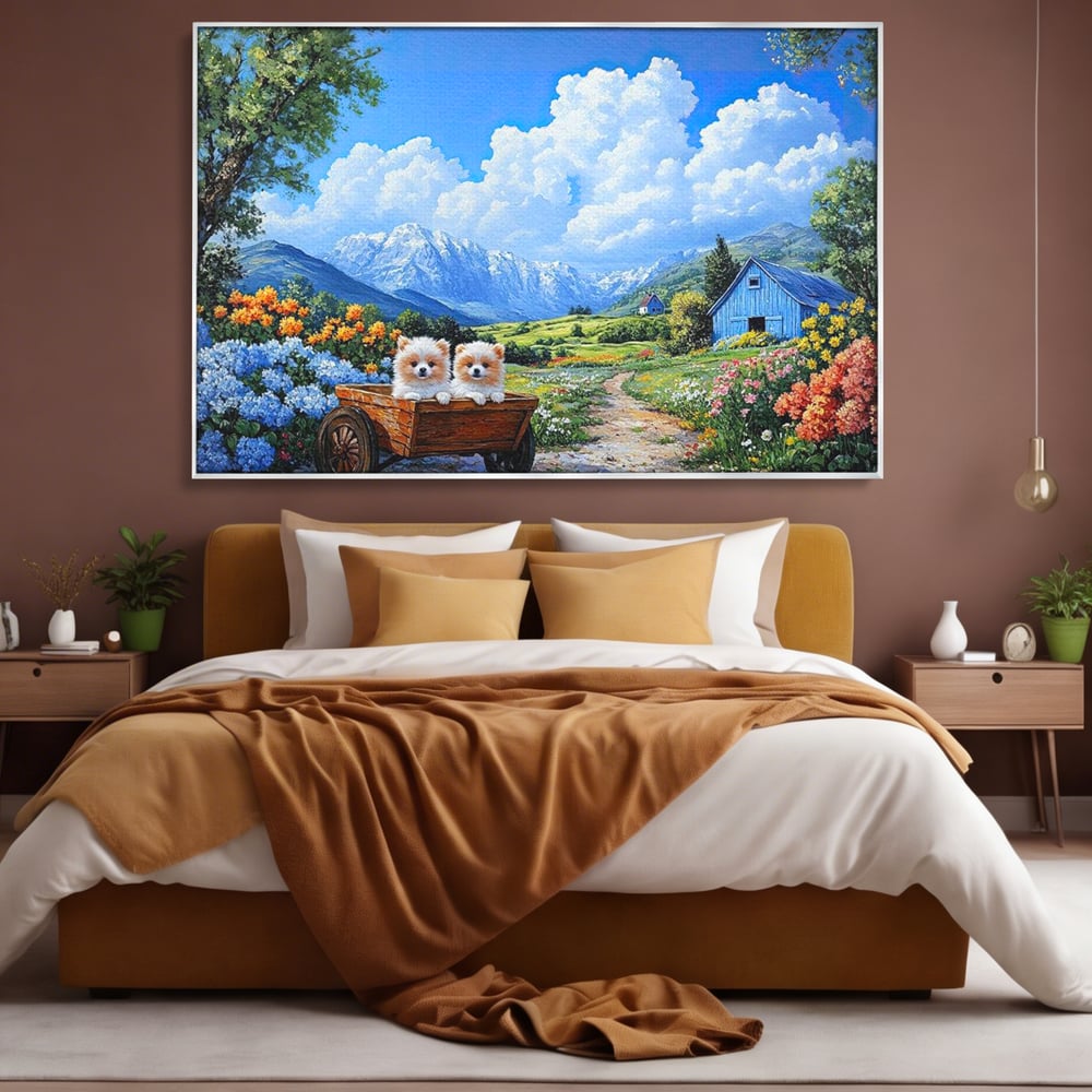 Tablou canvas cu tablou canvas cu catei in caruta si munti, in rama de aluminiu argintiu, pe perete intr-un dormitor