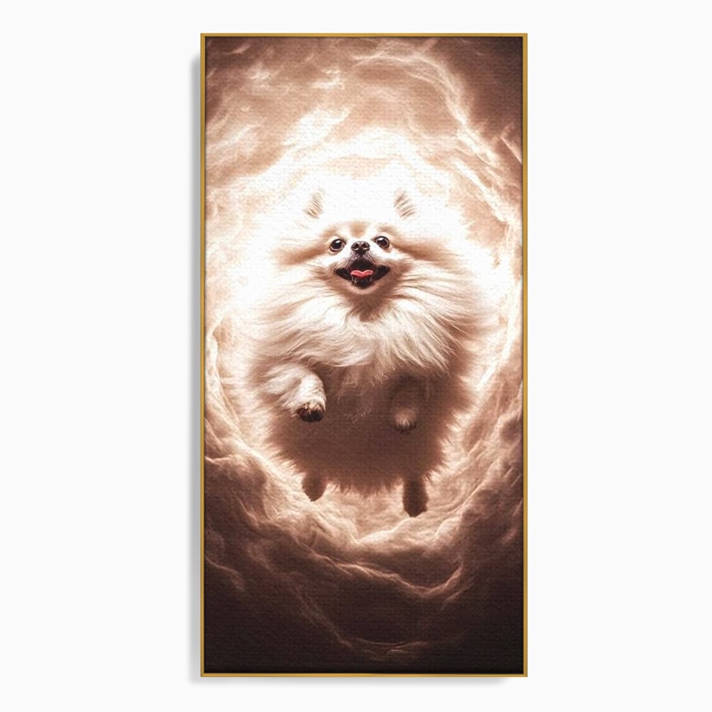 Tablou canvas cu tablou canvas cu caine pomeranian pufos, in rama de aluminiu auriu
