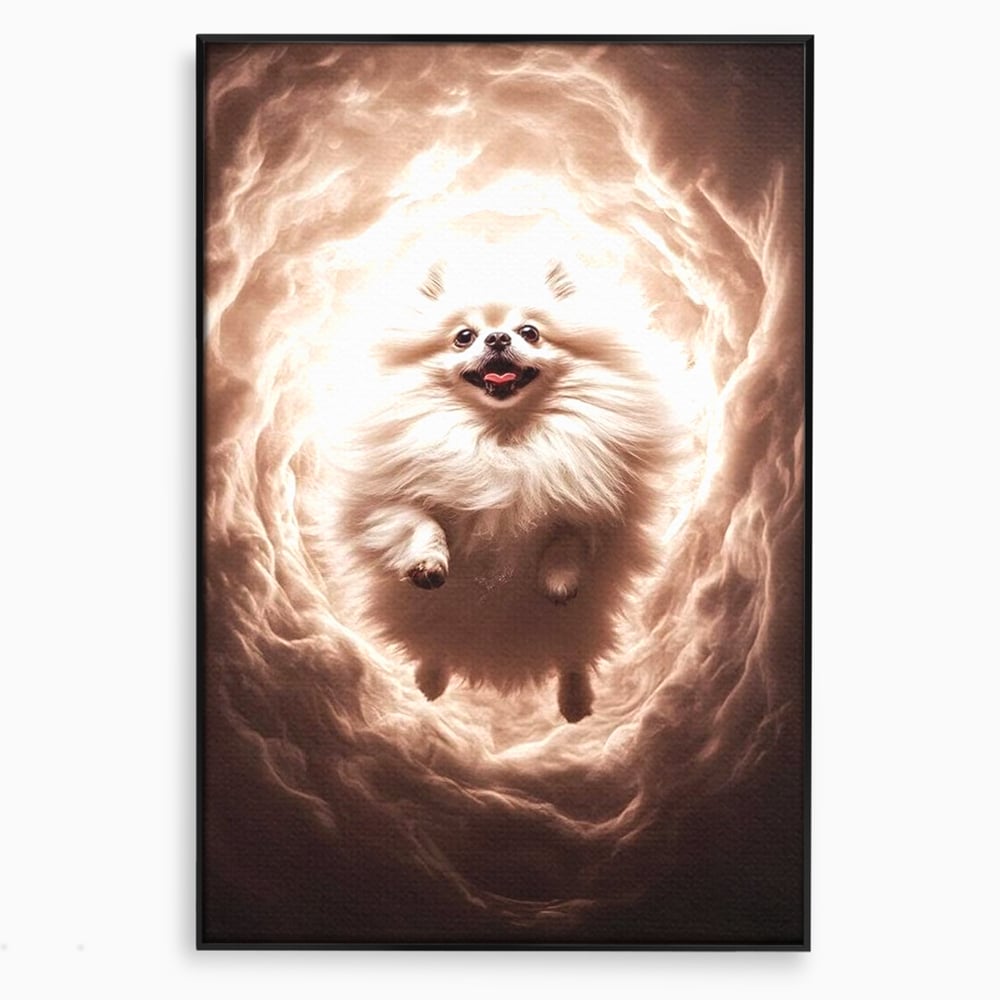 Tablou canvas cu tablou canvas cu caine pomeranian pufos, in rama de aluminiu negru