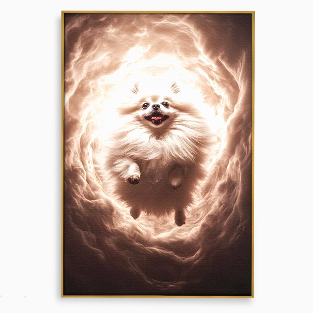 Tablou canvas cu tablou canvas cu caine pomeranian pufos, in rama de aluminiu auriu