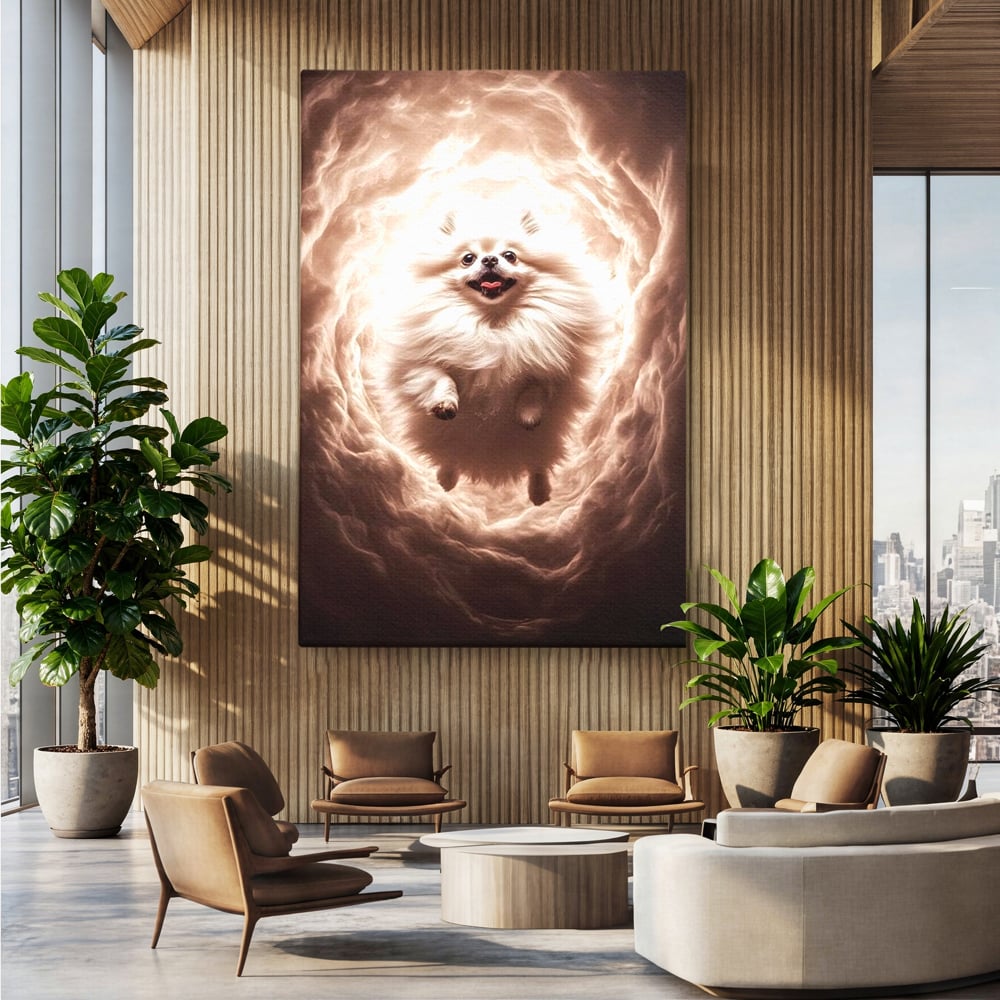 Tablou canvas cu tablou canvas cu caine pomeranian pufos, fara rama, pe sasiu de lemn, pe perete intr-un birou
