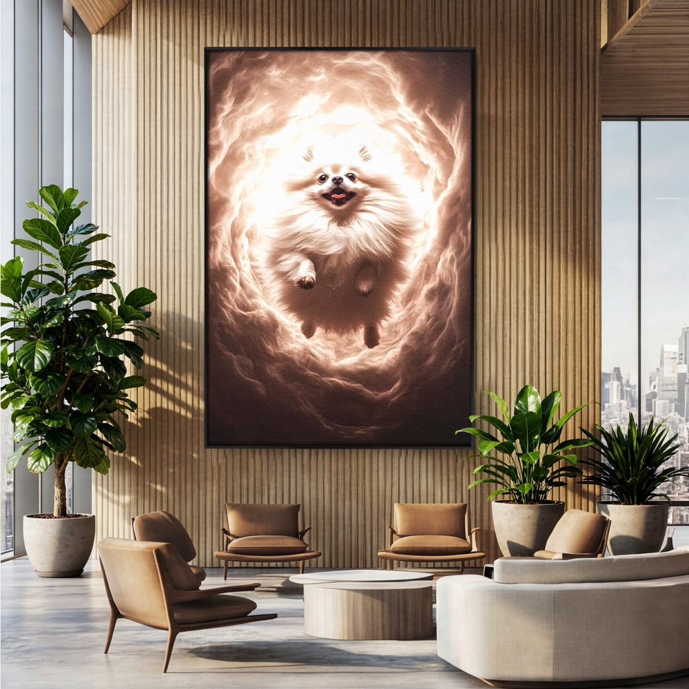 Tablou canvas cu tablou canvas cu caine pomeranian pufos, in rama de aluminiu negru, pe perete intr-un birou
