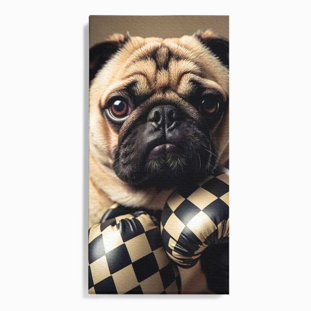Tablou canvas cu tablou canvas cu pug in manusi de box, fara rama, pe sasiu de lemn