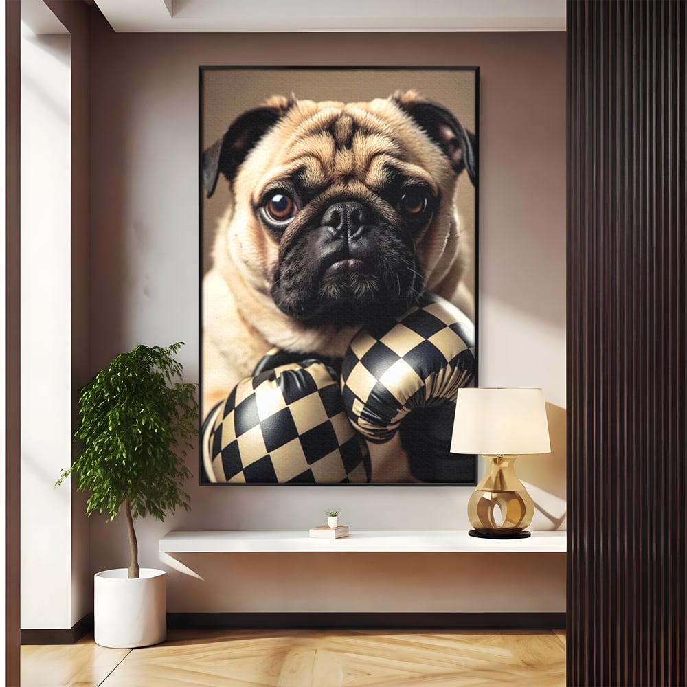 Tablou canvas cu tablou canvas cu pug in manusi de box, in rama de aluminiu negru