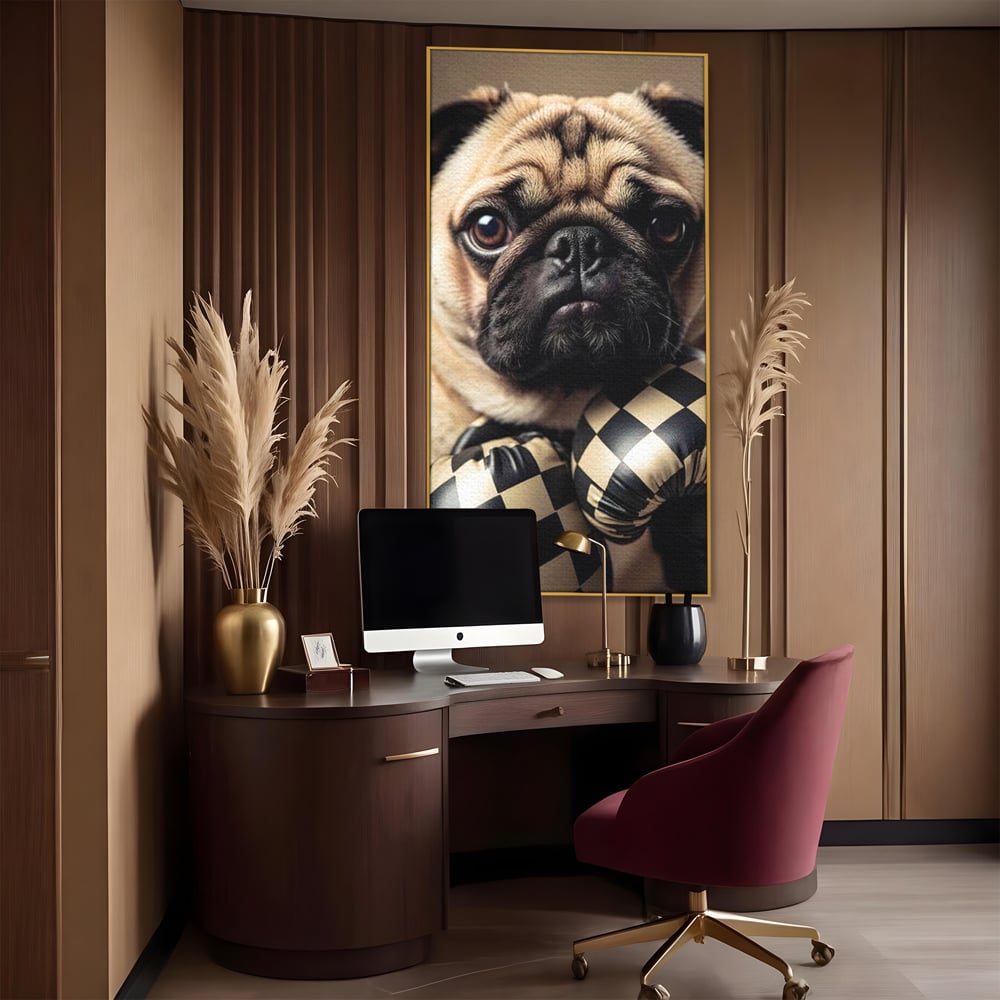 Tablou canvas cu tablou canvas cu pug in manusi de box, in rama de aluminiu auriu, pe perete intr-un birou