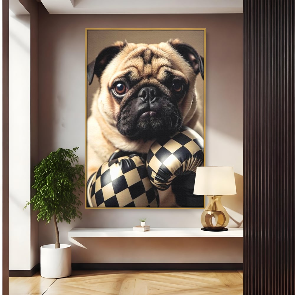 Tablou canvas cu tablou canvas cu pug in manusi de box, in rama de aluminiu auriu