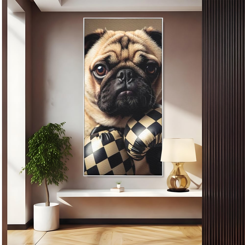 Tablou canvas cu tablou canvas cu pug in manusi de box, in rama de aluminiu argintiu