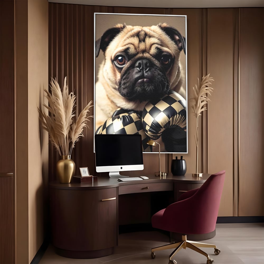 Tablou canvas cu tablou canvas cu pug in manusi de box, in rama de aluminiu argintiu, pe perete intr-un birou