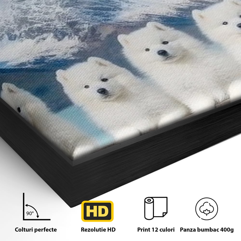 Detaliu al suprafetei: tablou canvas cu sapte catei pe munti, in rama de aluminiu negru