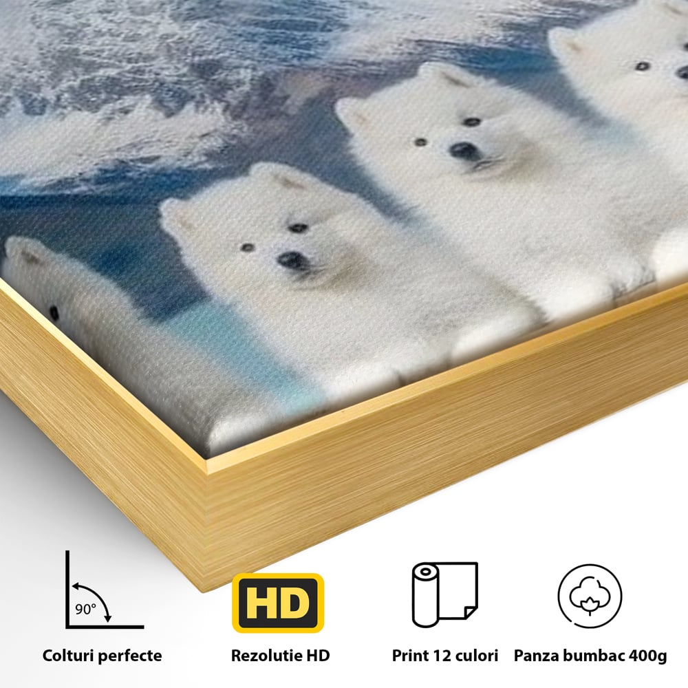 Detaliu al suprafetei: tablou canvas cu sapte catei pe munti, in rama de aluminiu auriu