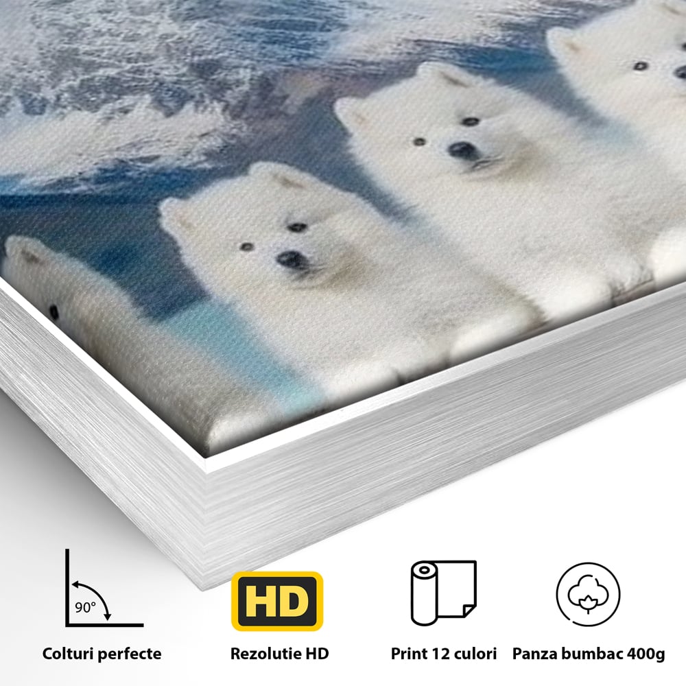 Detaliu al suprafetei: tablou canvas cu sapte catei pe munti, in rama de aluminiu argintiu