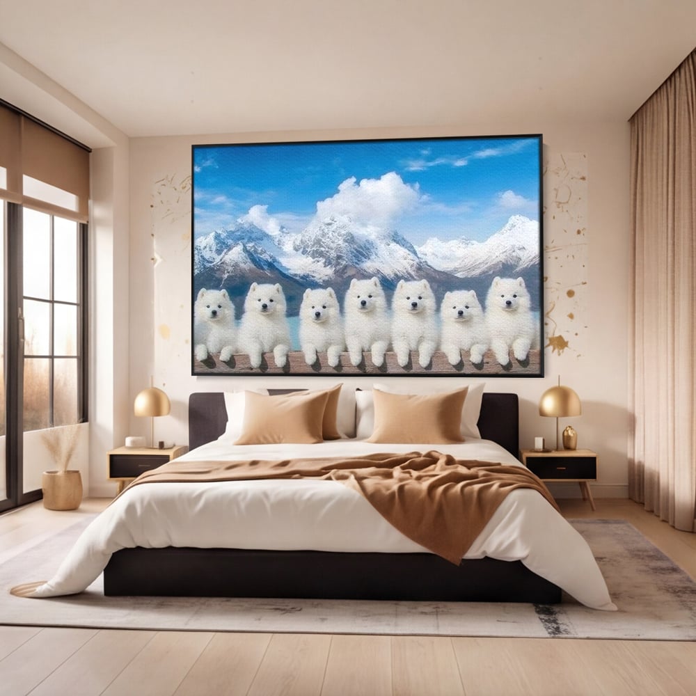 Tablou canvas cu tablou canvas cu sapte catei pe munti, in rama de aluminiu negru, pe perete intr-un dormitor