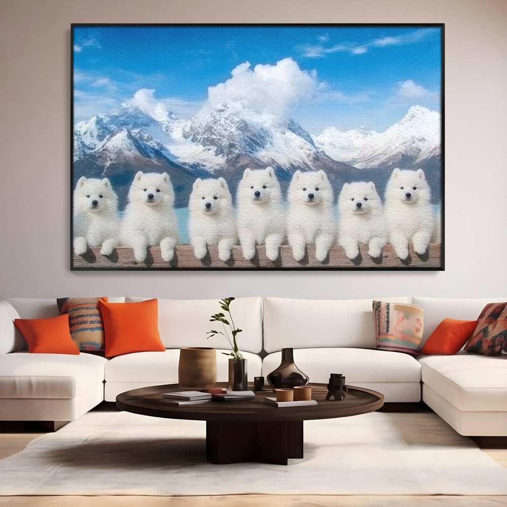 Tablou canvas cu tablou canvas cu sapte catei pe munti, in rama de aluminiu negru, pe perete intr-un living
