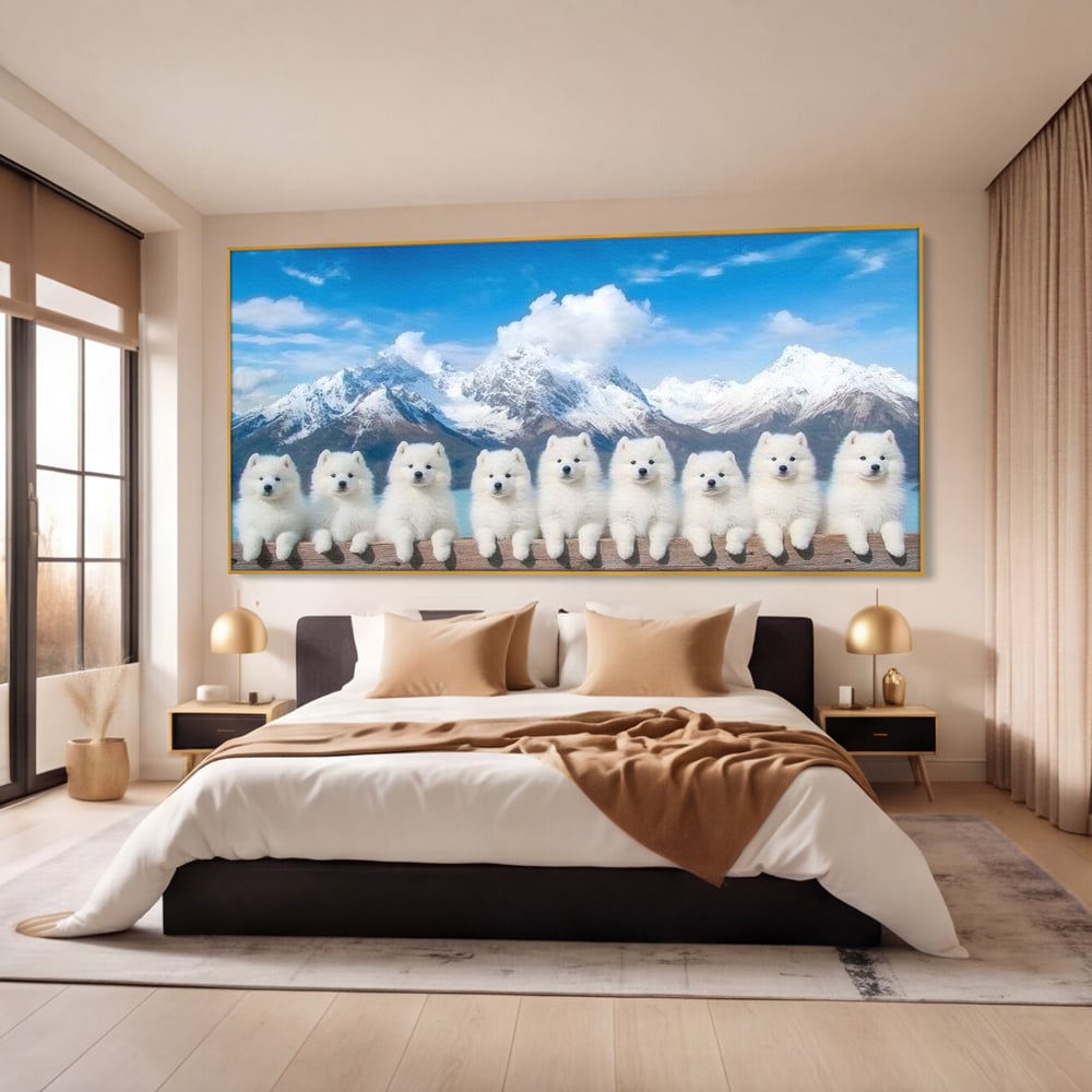 Tablou canvas cu tablou canvas cu sapte catei pe munti, in rama de aluminiu auriu, pe perete intr-un dormitor