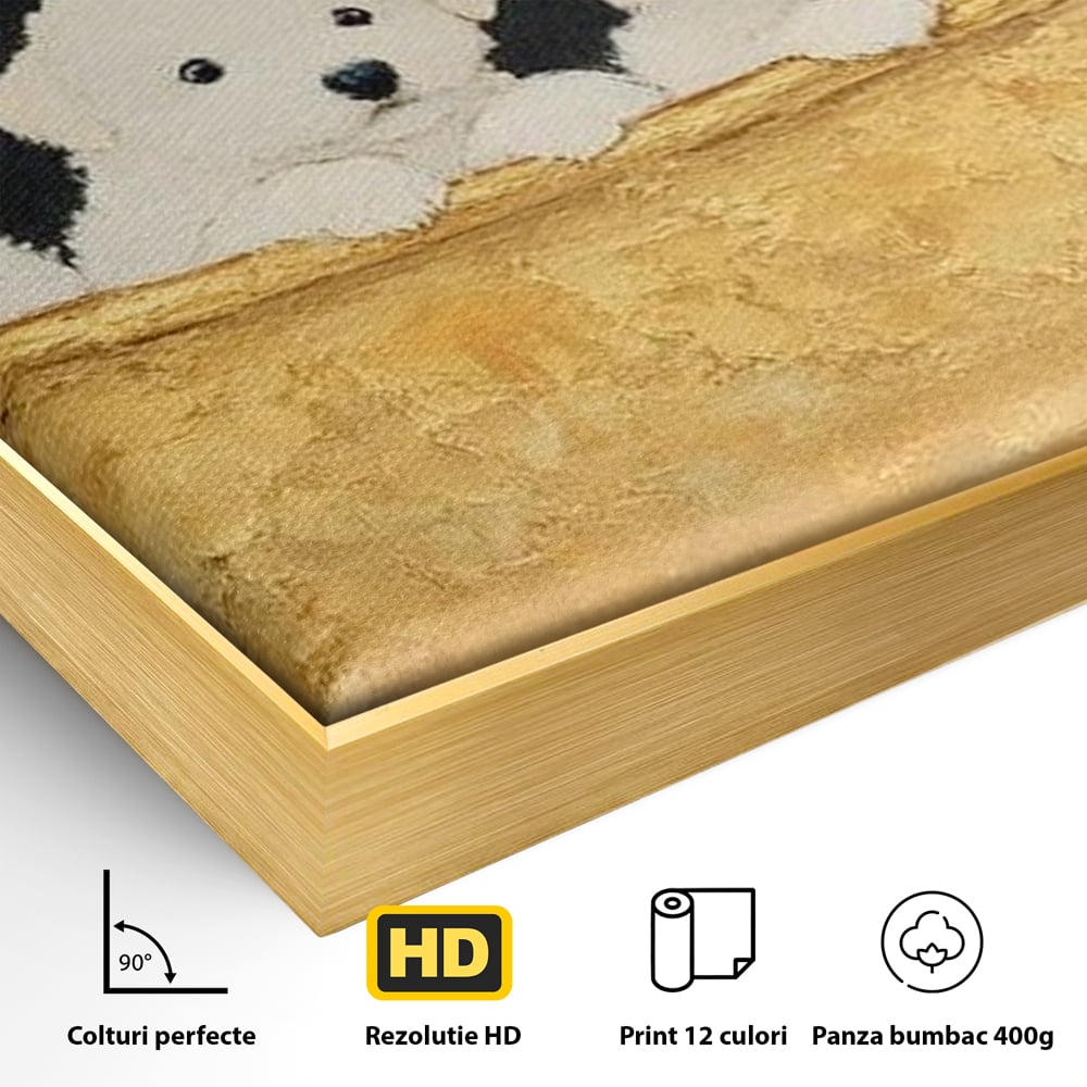 Detaliu al suprafetei: tablou canvas cu catei in cada, in rama de aluminiu auriu