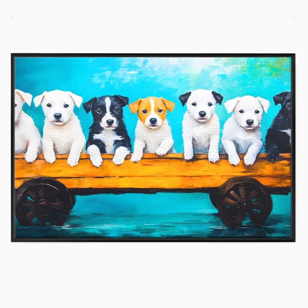 Tablou canvas cu pictura cu sapte catei in caruta, in rama de aluminiu negru