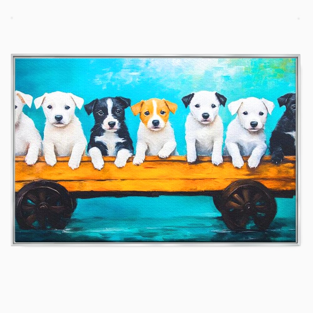 Tablou canvas cu pictura cu sapte catei in caruta, in rama de aluminiu argintiu