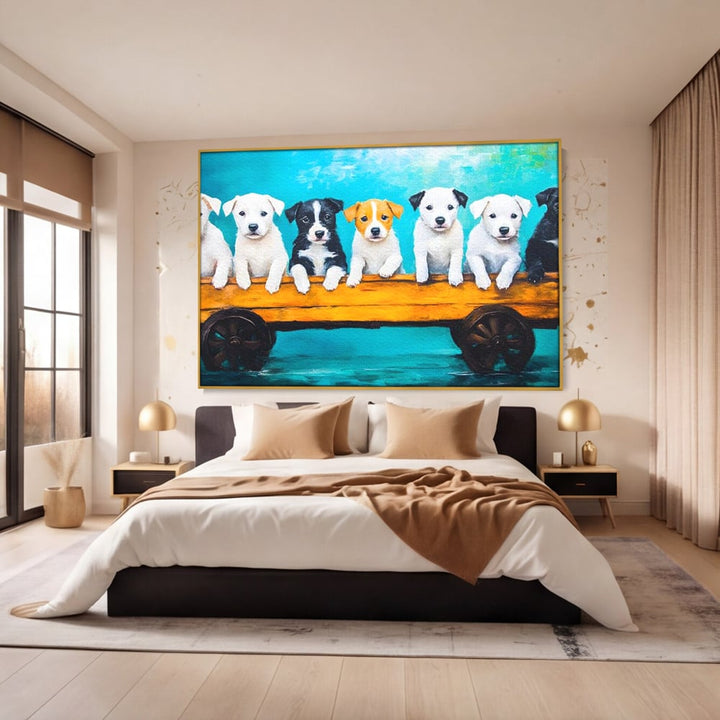 Tablou canvas cu pictura cu sapte catei in caruta, in rama de aluminiu auriu, pe perete intr-un dormitor