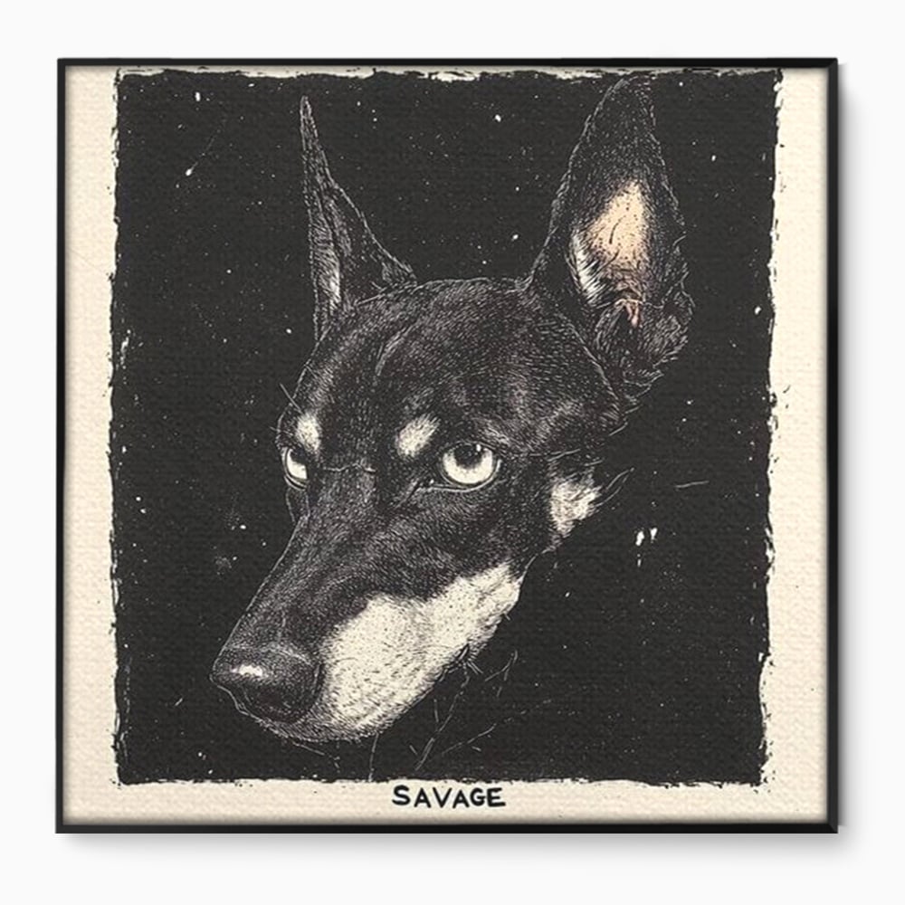 Tablou canvas cu tablou canvas cu portret de caine, in rama de aluminiu negru