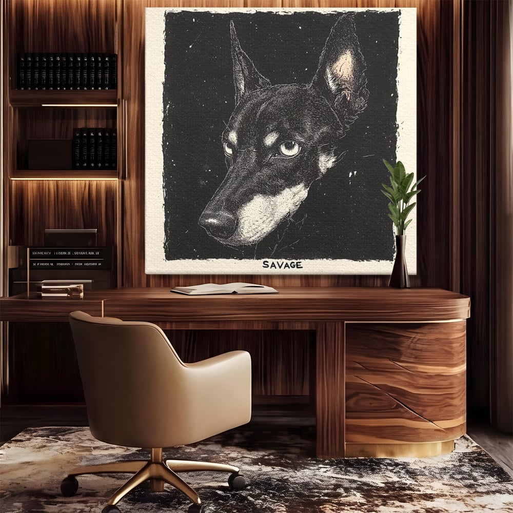Tablou canvas cu tablou canvas cu portret de caine, fara rama, pe sasiu de lemn, pe perete intr-un birou