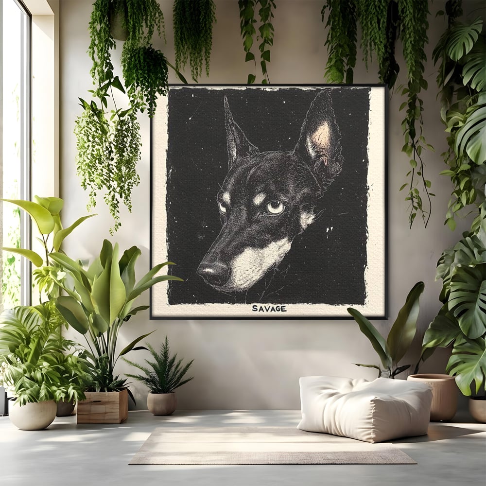 Tablou canvas cu tablou canvas cu portret de caine, in rama de aluminiu negru