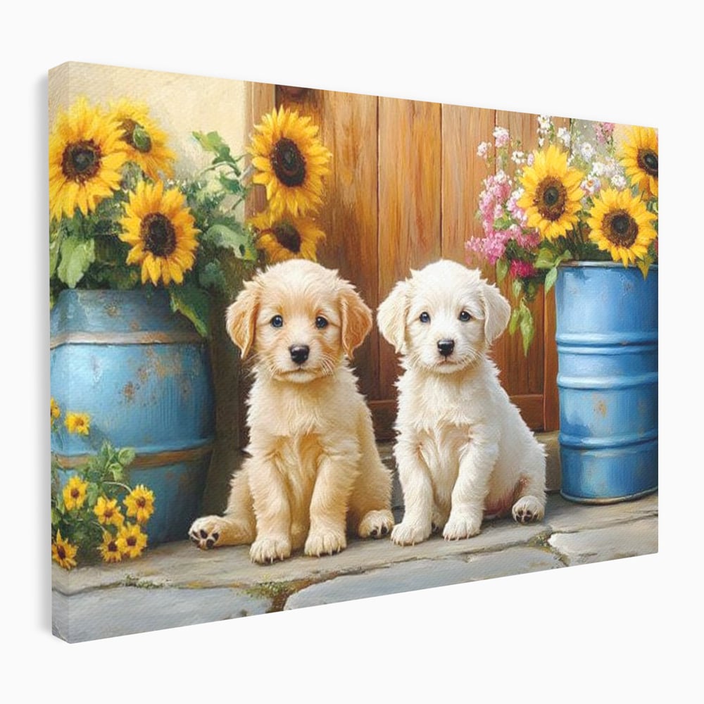 Tablou canvas cu pictura cu doi catei si floarea-soarelui, fara rama, pe sasiu de lemn