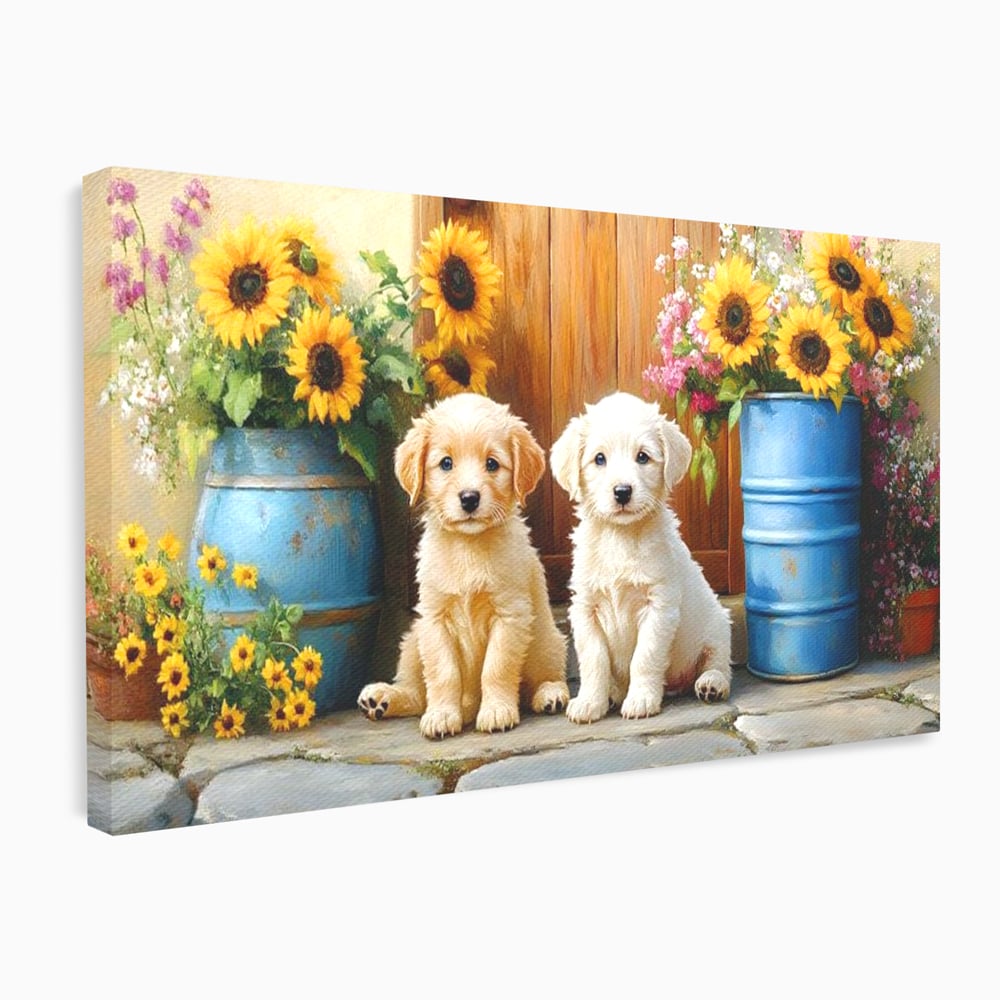 Tablou canvas cu pictura cu doi catei si floarea-soarelui, fara rama, pe sasiu de lemn